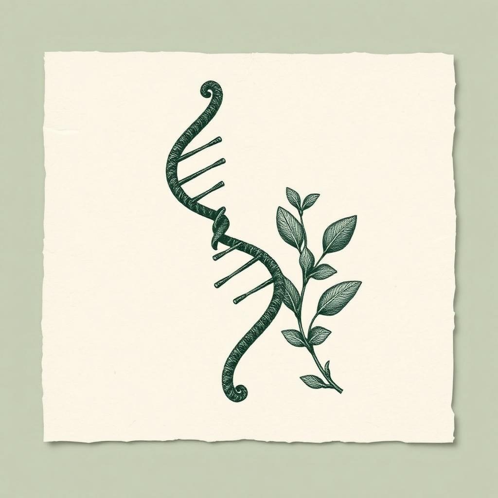 Engraved botanical and double helix illustration in deep green on cream paper